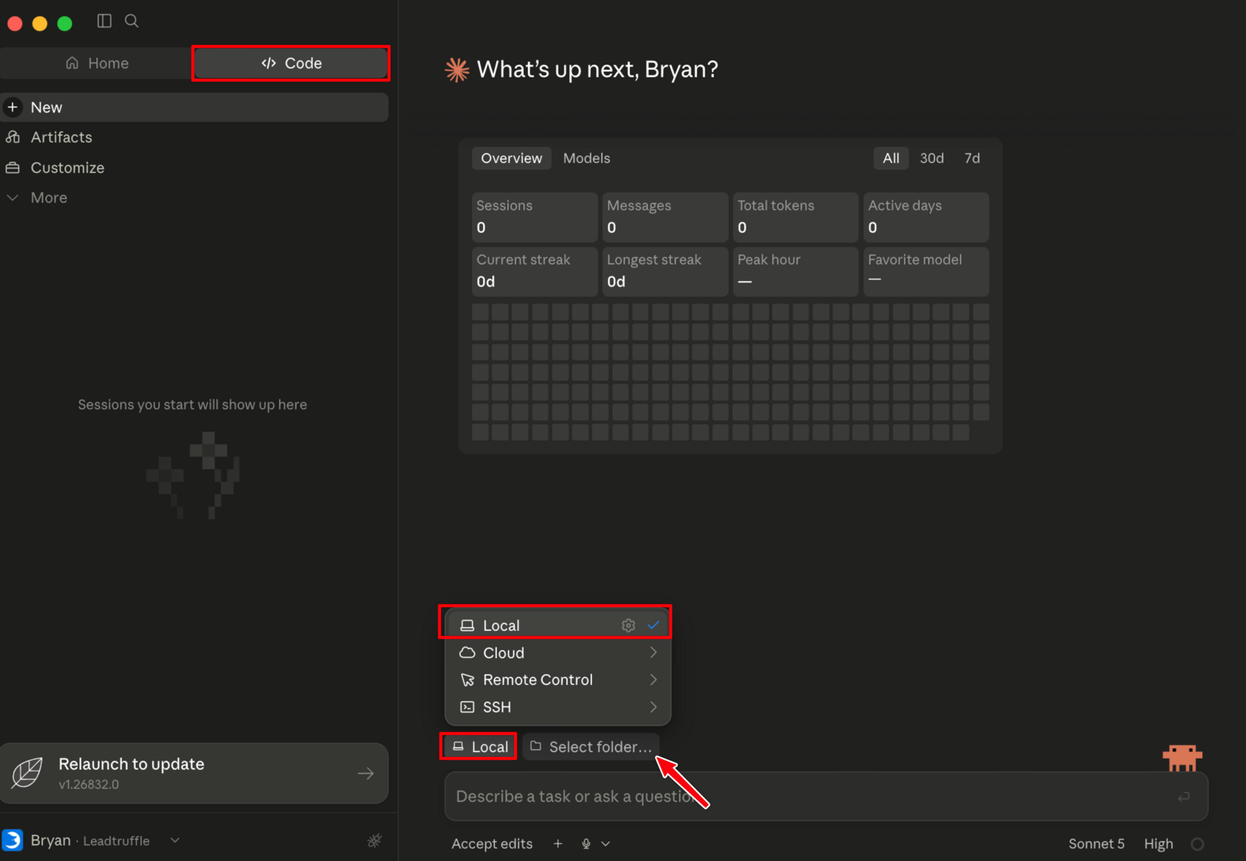 Claude Code screen showing the Local and Select folder controls