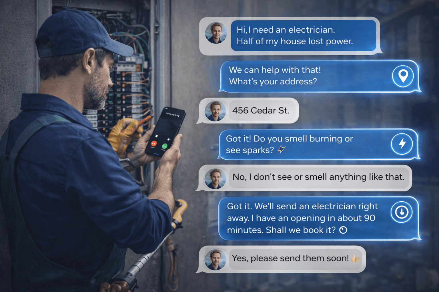 AI answering service qualifying an electrical lead