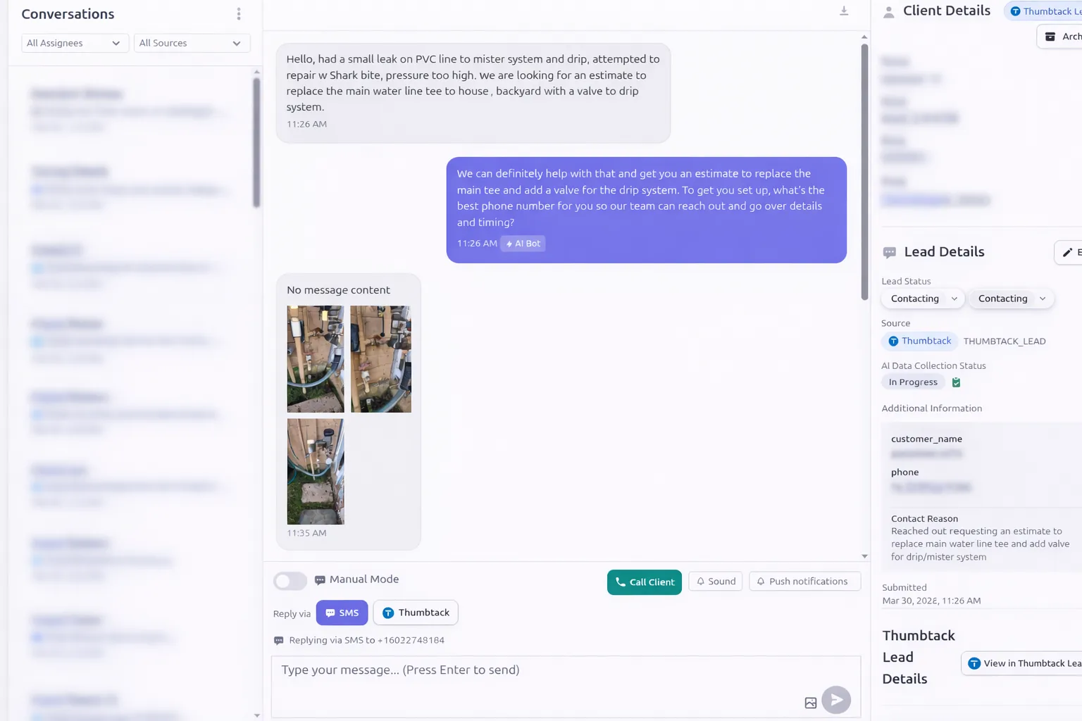 LeadTruffle Thumbtack conversation showing AI responses, customer-shared images, and lead details