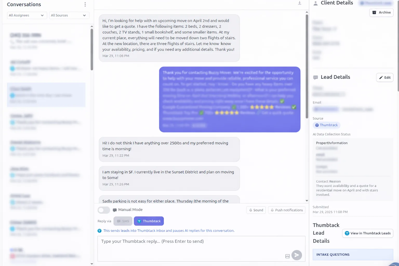 LeadTruffle Thumbtack conversation screen showing the manual mode toggle that pauses AI replies