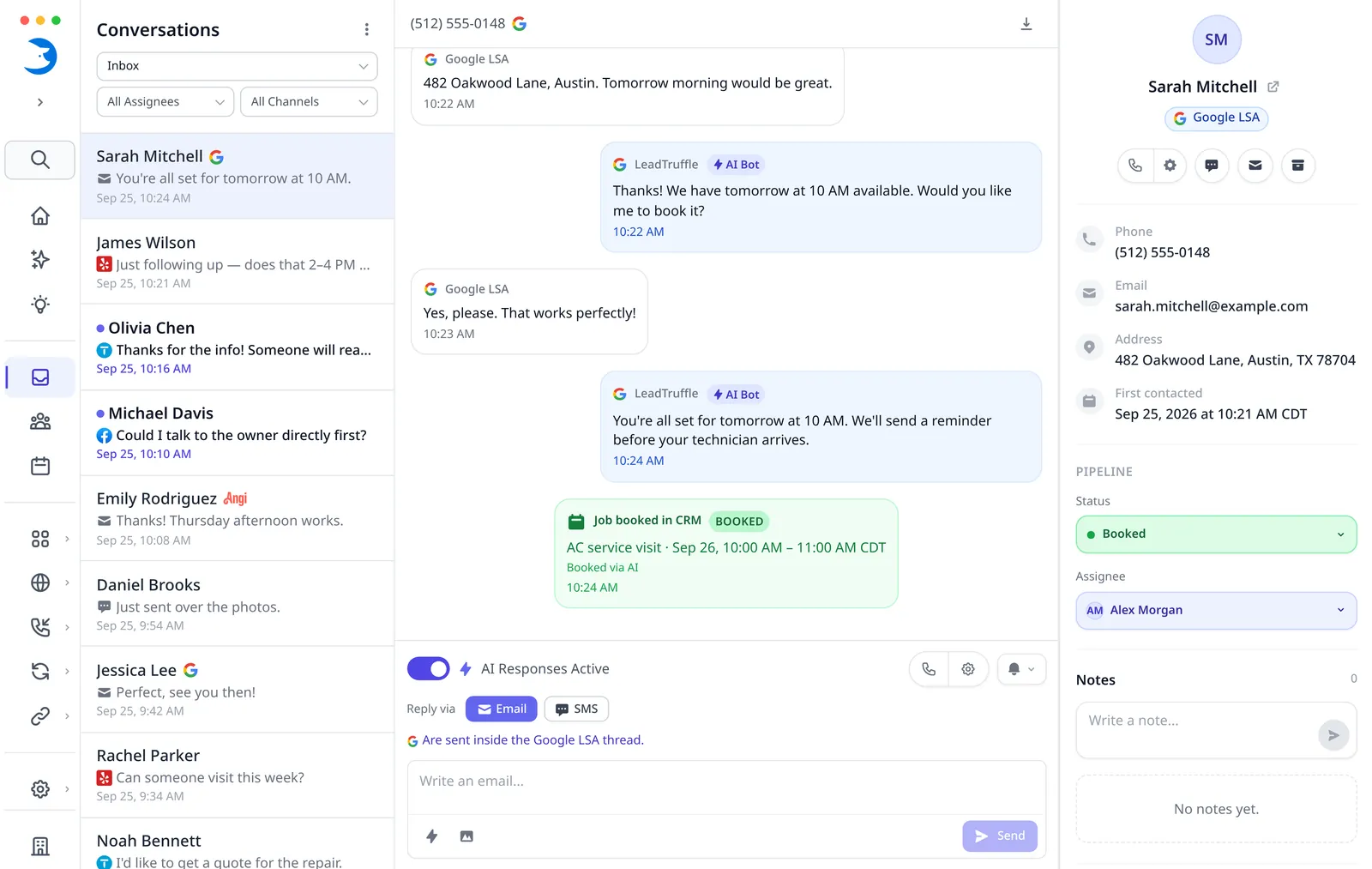 Google LSA conversation in LeadTruffle, with an AI-booked job and contact details.