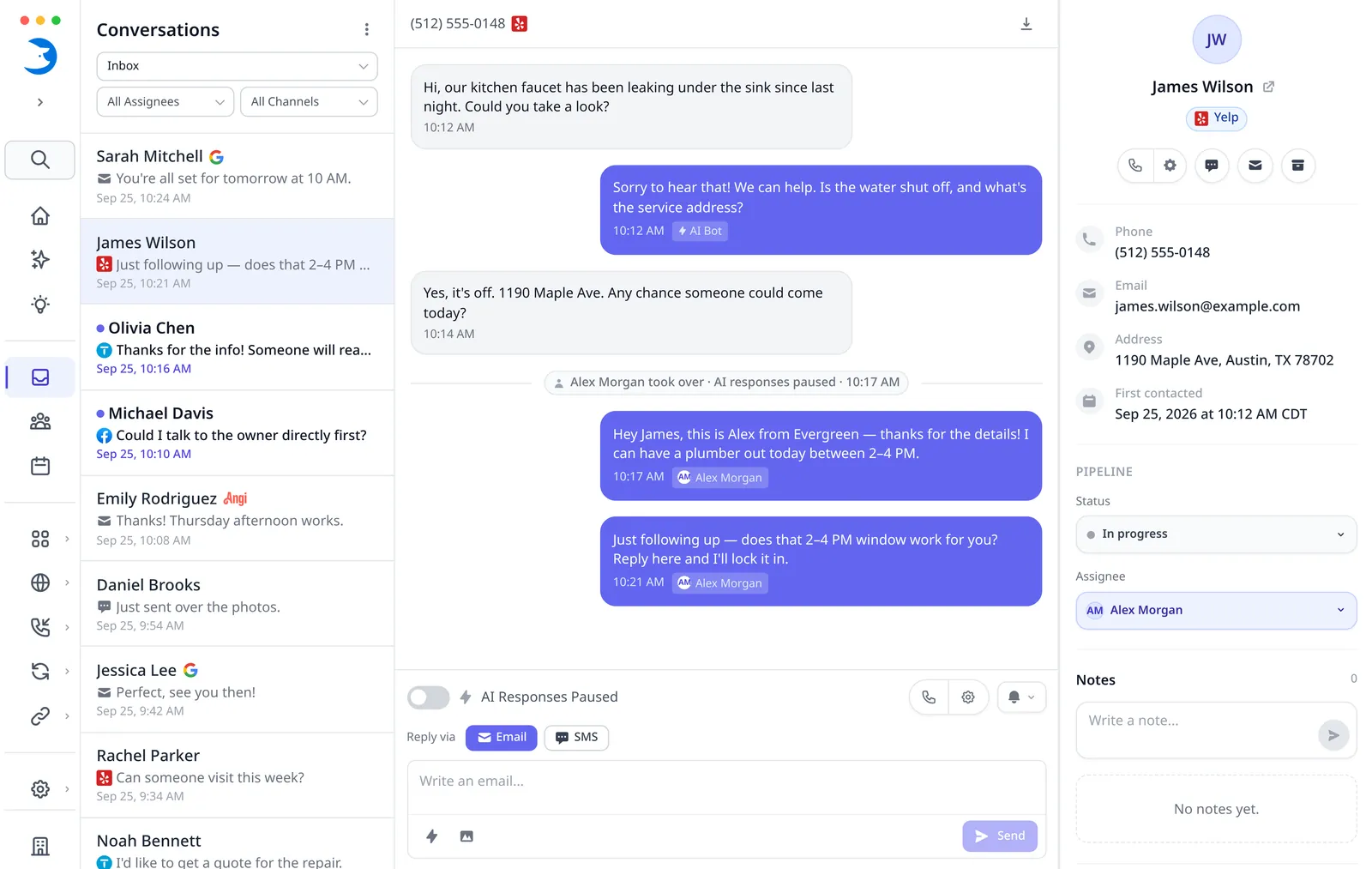 Yelp conversation in LeadTruffle, with a team member taking over and following up.