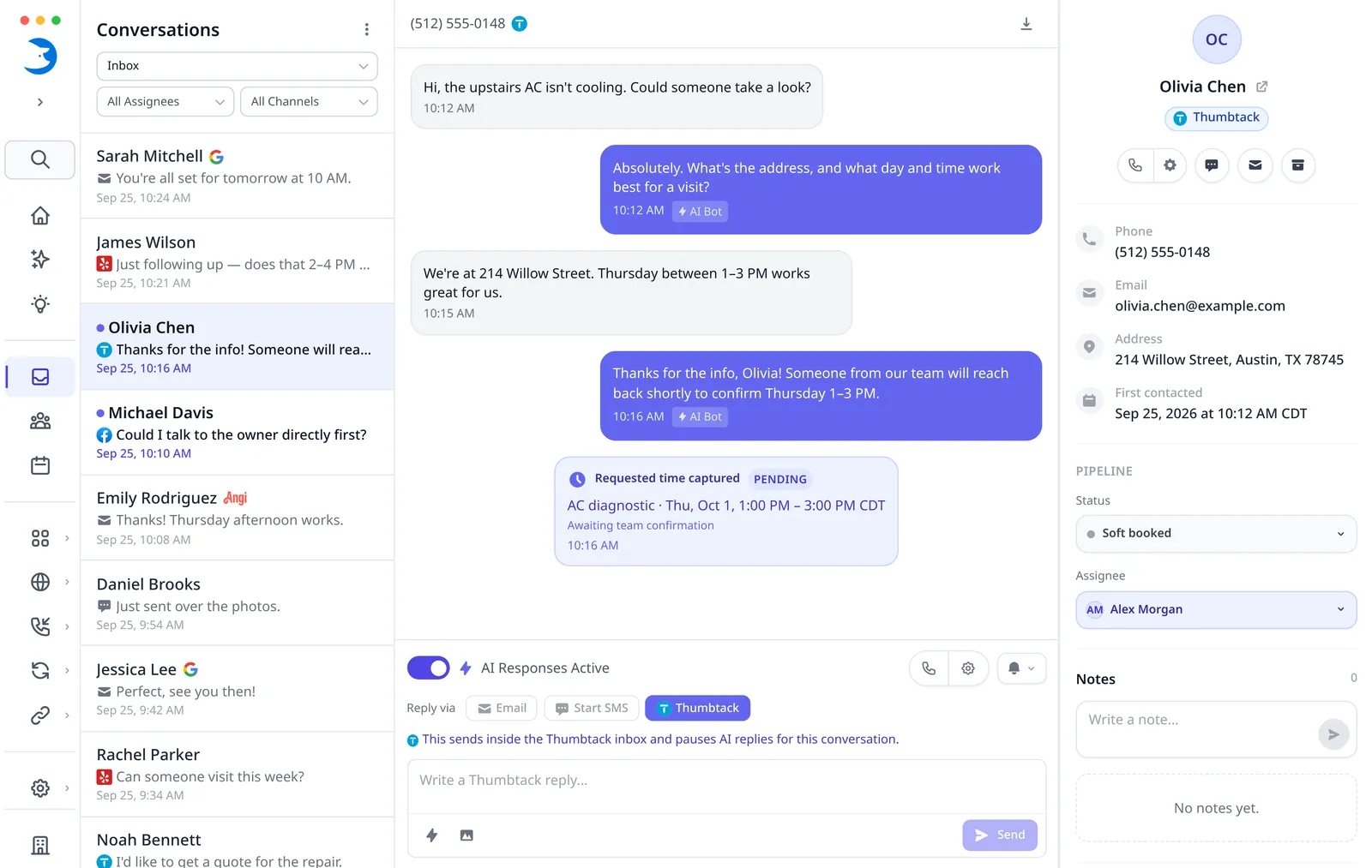 Thumbtack conversation in LeadTruffle, with a requested appointment time awaiting team confirmation.