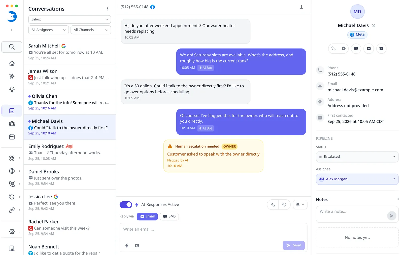 Meta conversation in LeadTruffle, with a customer request to speak to the owner flagged for follow-up.