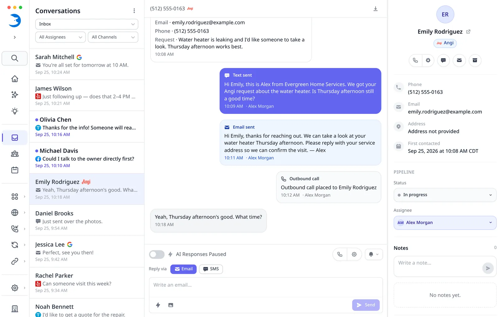 Angi inquiry in the LeadTruffle inbox, with a team member following up by text, email, and phone about a water heater repair.