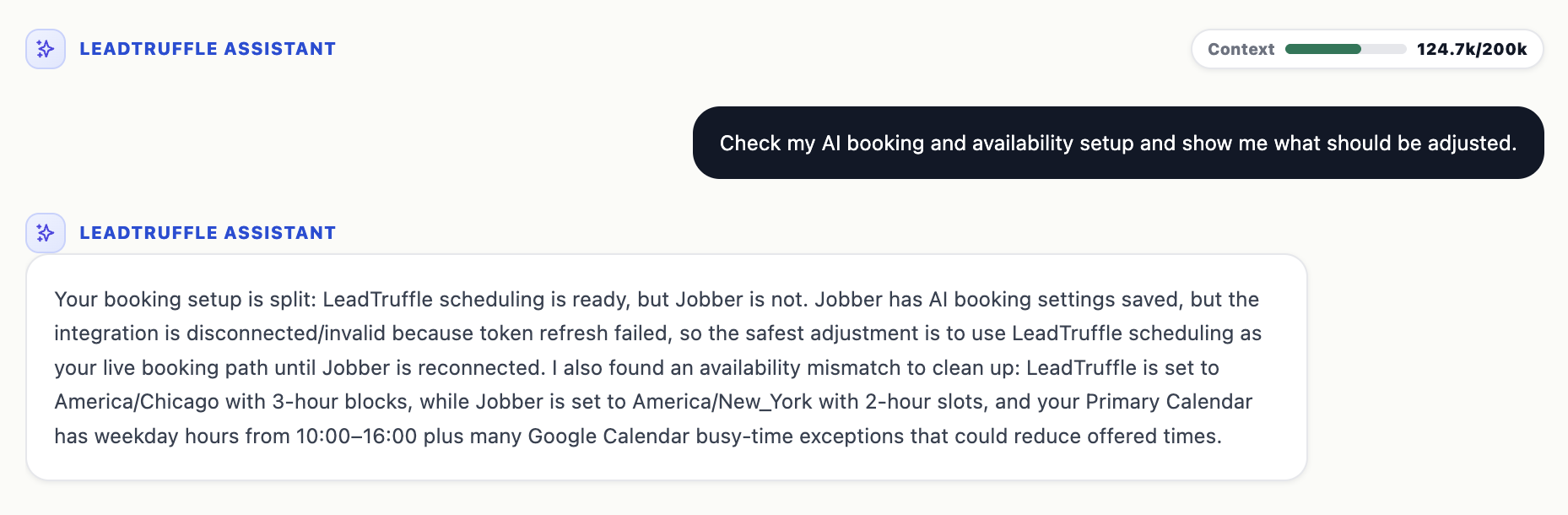 LeadTruffle Assistant diagnosing a booking and availability setup across LeadTruffle and Jobber