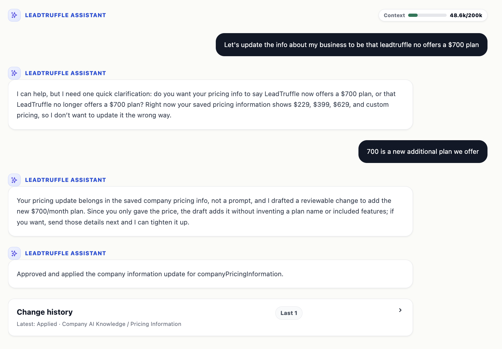 LeadTruffle Assistant asking a clarifying question about a pricing update before drafting a change