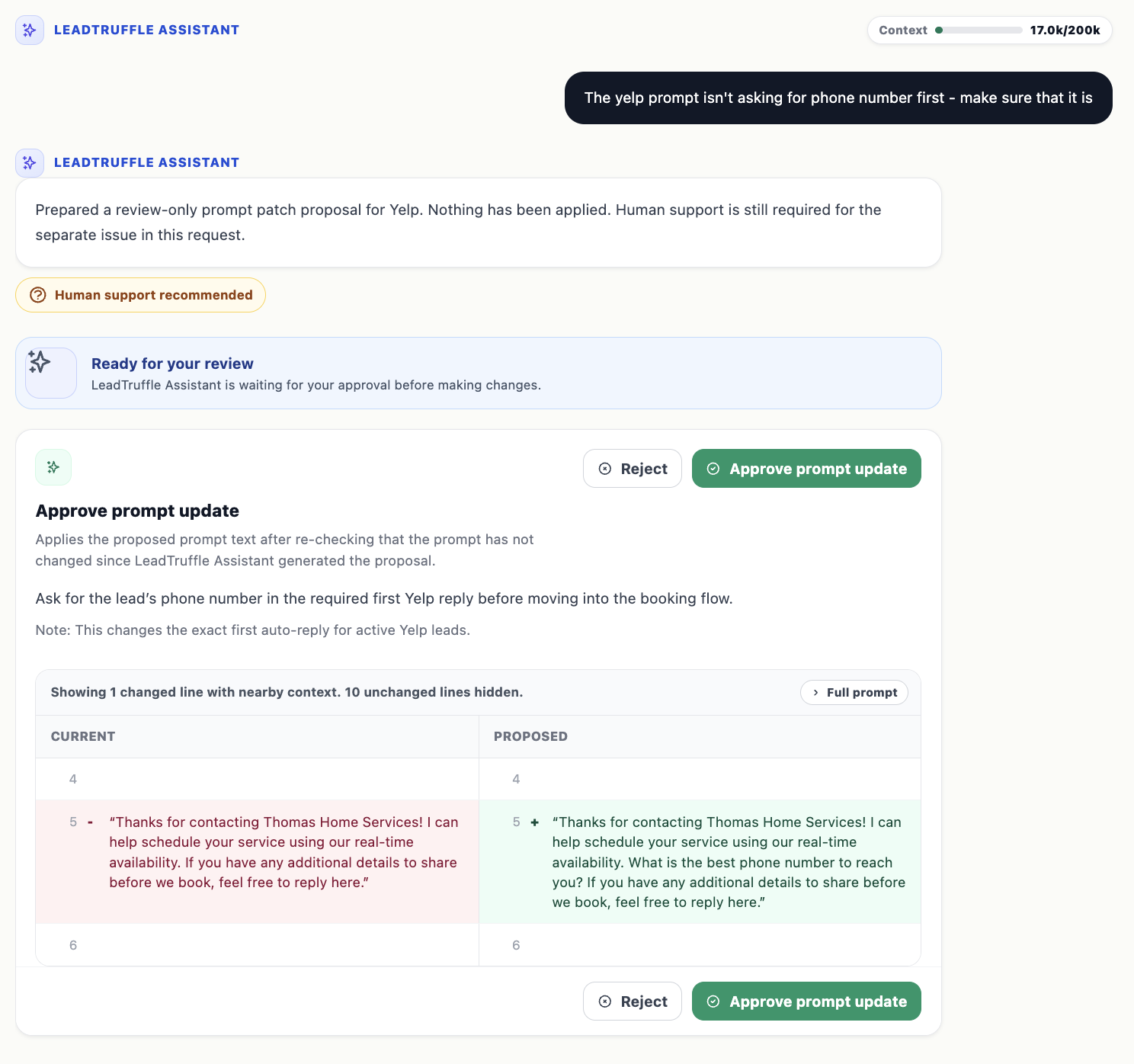 LeadTruffle Assistant showing a before and after diff of a Yelp prompt change awaiting approval