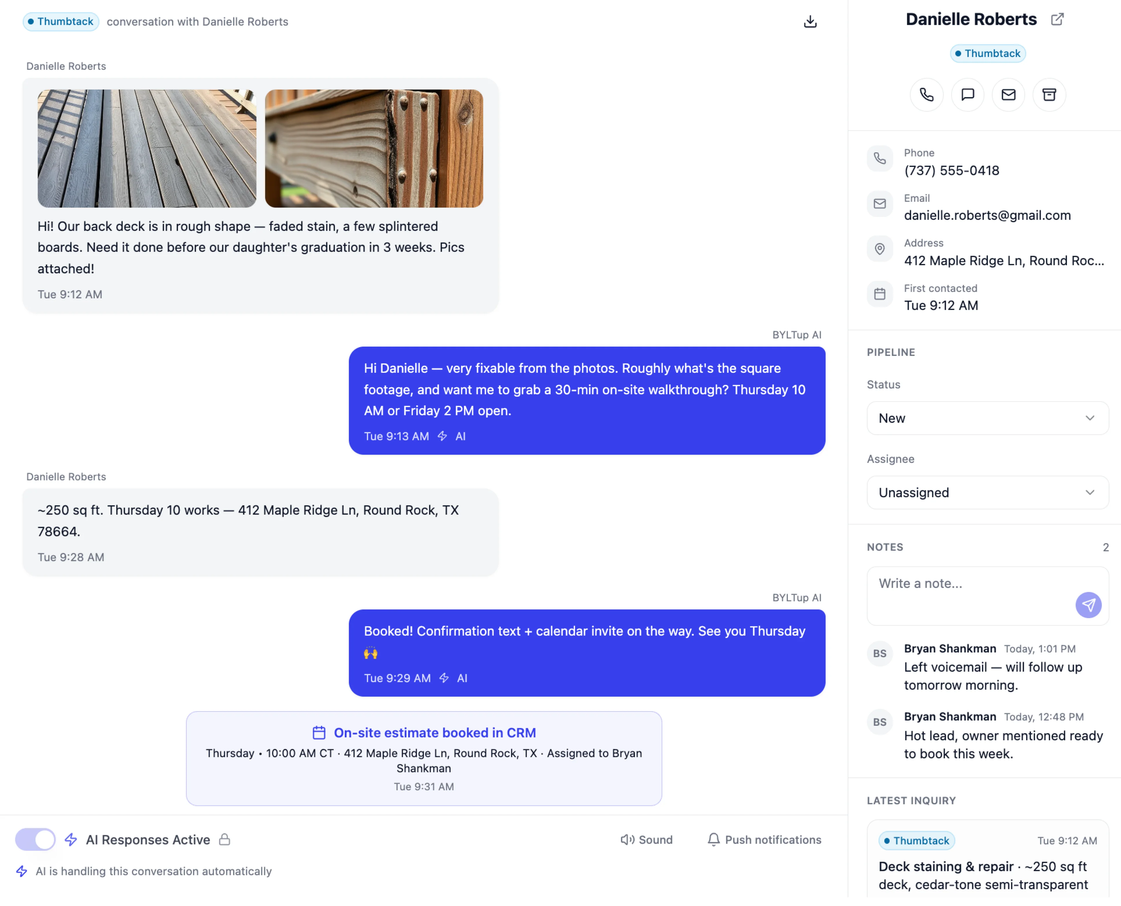 LeadTruffle Thumbtack conversation showing AI responses, customer-shared images, and lead details