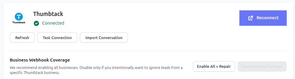 Thumbtack installation settings in LeadTruffle with refresh, test connection, import conversation, and business coverage actions