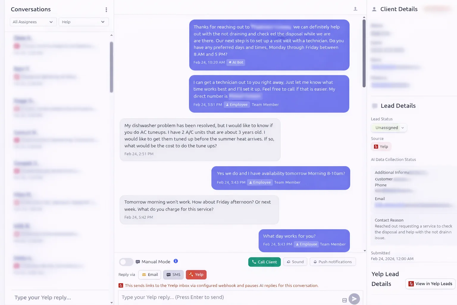 LeadTruffle Yelp conversation with manual mode enabled