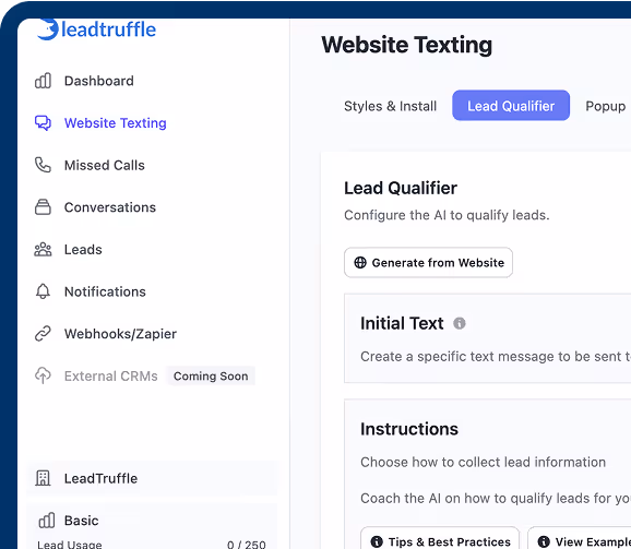 LeadTruffle website texting dashboard